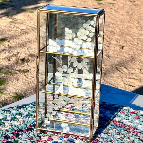 Unique Vintage Other - Vintage Brass and Glass Footed Display Shelf / Box, approx 9” x 3.5”, Etched